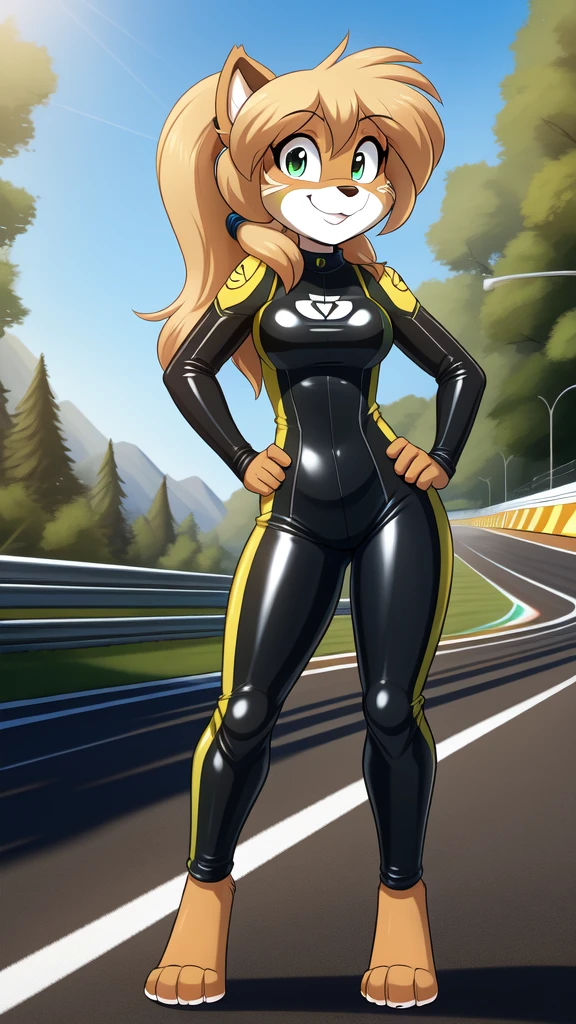 Best Quality, very detailed, highres, full body:2.1, complete body, uploaded the e621, beautiful and detailed, toon style, BREAK, by tom_fischbach, solo:1.7, female furry, teenage, animal ears, blonde hair, green eyes, ponytail, wavy hair, flat chest:1.4, coco bandicoot in a skintight latex racing suit on a racing road course, hand on hips, sexy pose, happy, sunny day.