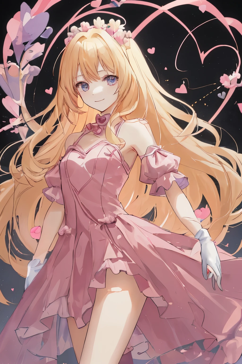 1_girl, (anime, kawai:2), (masterpeice, best_quality, simple, cute, dreamy, vibrant, clean:1.8), (cute, cute_smile, young:1.6), (delicate, beautiful, thin:1.5), (girlfriend, angel:1.8), (green_eyes, simple_eyes:1.3) (long_hair, blond_hair, wearing_pink_dress, pink_angel_wings, gloves:1.8), extremely_delicate, (love_magic:1.5), (age_size_fits_body), (small_thighs, thin:1.3), (breasts), (eye_level:1.3), (heart_magic, love:1.5), (dancer)