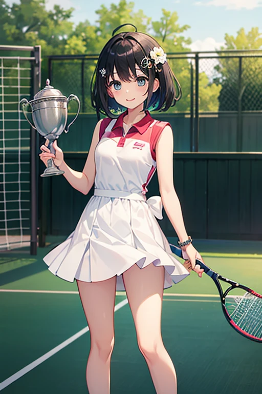 Highest quality、Black Hair、Iris、short hair、girl、cute、16 years old、、Small hair ornament、1 person、Tennis Wear、Award ceremony、Holding the winning trophy、Happy expression、