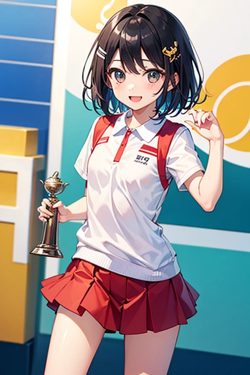 Highest quality、Black Hair、Iris、short hair、girl、cute、、、Small hair ornament、1 person、Tennis Wear、Award ceremony、Holding the winning trophy、Happy expression、