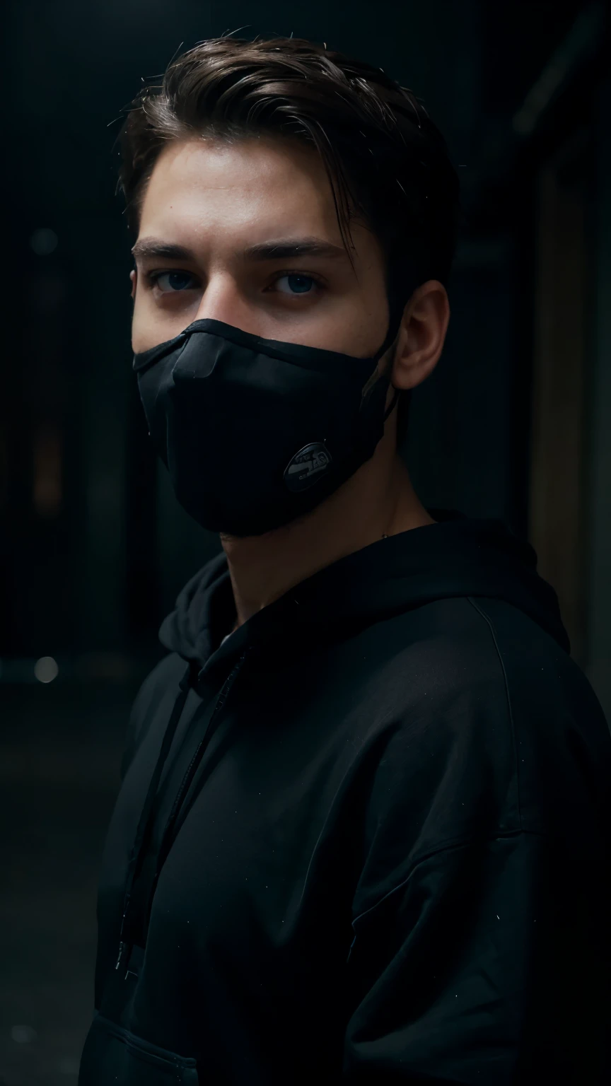 a young man, black hoodie, face mask, blue eyes, night, detailed face, realistic, portrait, cinematic lighting, moody atmosphere, high quality, 8k, realistic, photorealistic, extremely detailed, masterpiece, studio lighting, dramatic lighting, cinematic, hyper-realistic, sharp focus