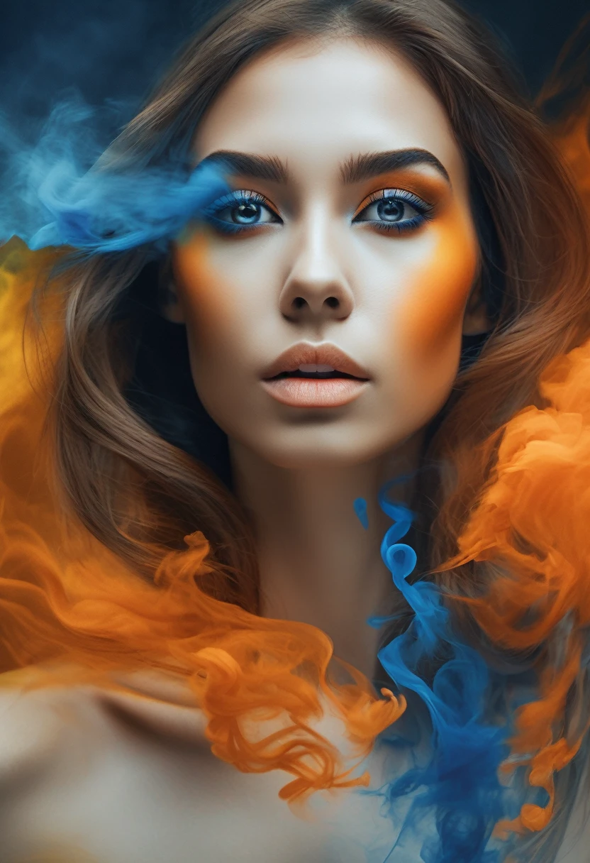 Create a stunning piece of art with a woman looking up, your hair styled using the smoke technique, and her face adorned with vibrant shades of orange, yellow, and blue. Ensure the overall composition exudes the highest quality and provides a visually stunning effect. Use best-in-class techniques to capture a captivating portrait of the woman and her surroundings, evoking a sense of wonder and awe