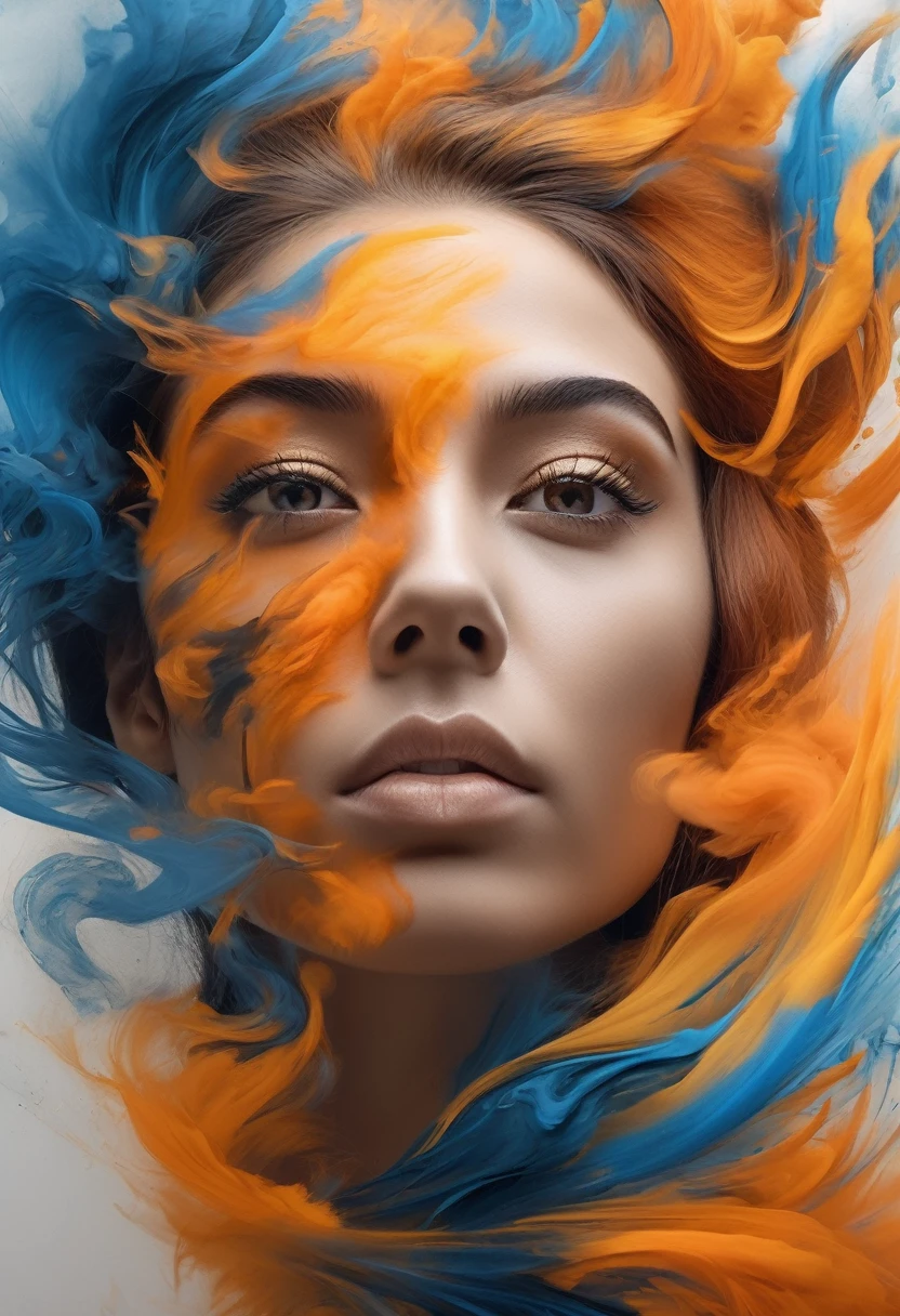 Create a stunning piece of art with a woman looking up, your hair styled using the smoke technique, and her face adorned with vibrant shades of orange, yellow, and blue. Ensure the overall composition exudes the highest quality and provides a visually stunning effect. Use best-in-class techniques to capture a captivating portrait of the woman and her surroundings, evoking a sense of wonder and awe