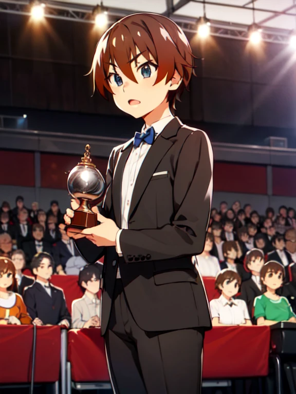 (Award-Winning Moment), (Keiichi_maebara), brown hair, Blue eyes, hair between eyes, 1 boy, (Award Ceremony), move, Award Announcement, audience, applause, tuxedo, Acceptance speech, Eloquence, ((Small trophy)), 背景にaudience