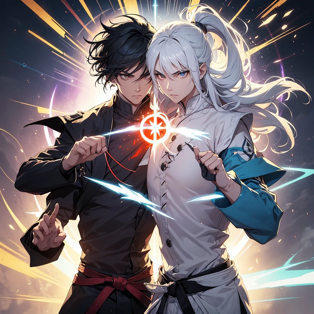 The main character with white hair shows him in a dynamic pose that reflects both his martial arts and magical abilities. Use a blend of modern and mystical elements to represent the transition from the martial arts world to the magic-dominated world, for background.Include magical effects, such as glowing runes or spell circles, alongside martial arts imagery like energy blasts or combat stances. Choose a color palette that contrasts the old and new worlds—perhaps dark, intense colors for the martial arts aspect and bright, mystical colors for the magic aspect. Add Lucifer's and Michael's as a companion in small form.
