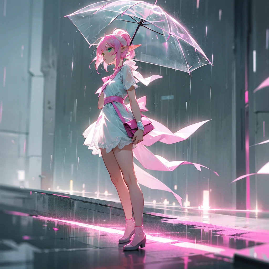 A cute pink-haired female elf with a ponytail and light green eyes wearing a white dress, a pink ribbon, and a white bag, standing in the rain in the middle of a modern city.