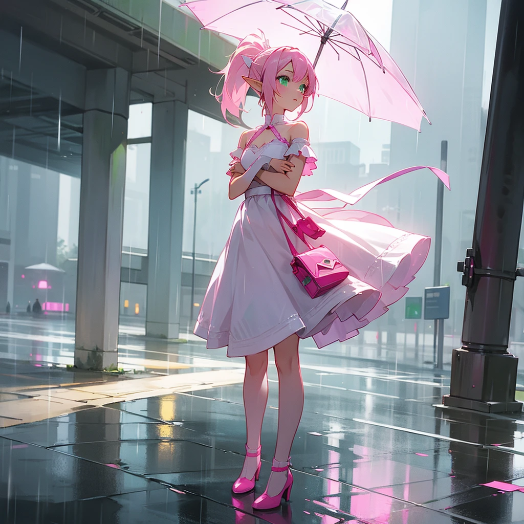 A cute pink-haired female elf with a ponytail and light green eyes wearing a white dress, a pink ribbon, and a white bag, standing in the rain in the middle of a modern city.