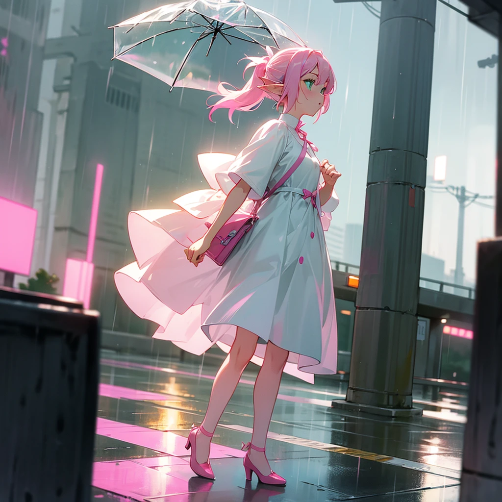 A cute pink-haired female elf with a ponytail and light green eyes wearing a white dress, a pink ribbon, and a white bag, standing in the rain in the middle of a modern city.