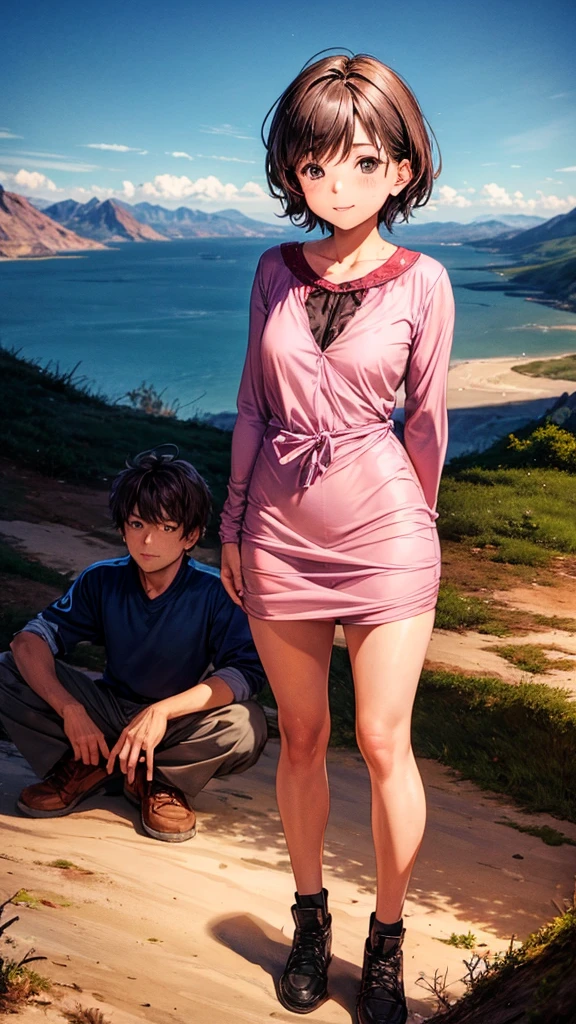 A boy and a girl go camping on a mountain. It's night. The girl is wearing a short sexy dress and her hips are big.