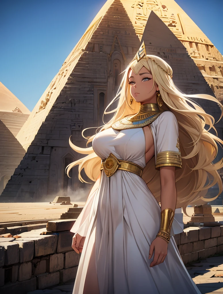 Arafed woman in a white dress and gold jewelry standing in front of a pyramid, alena aenami and artegerm, artegerm on artstation pixiv, Egyptian princess, artegerm and wlop, artegerm julie bell beeple, artegerm. animated illustration, extremely detailed artegerm, Android girl in Egyptian ruins