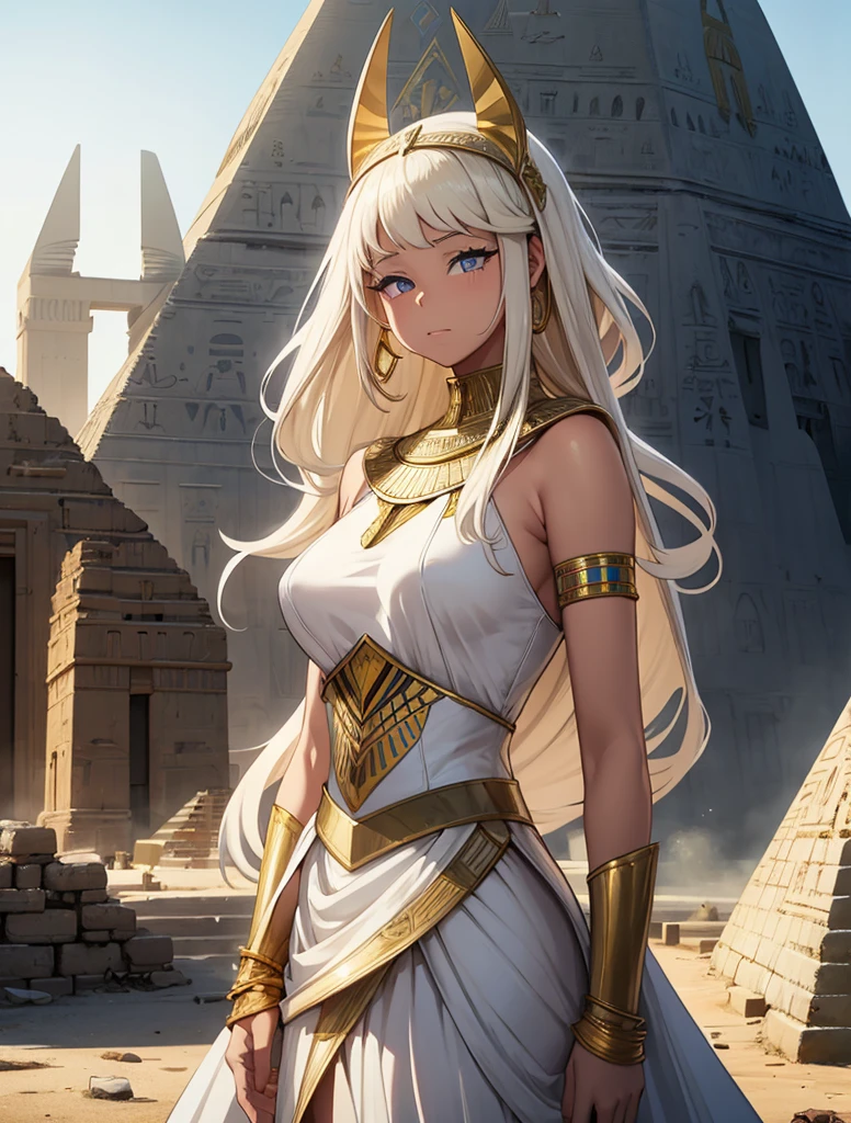 Arafed woman in a white dress and gold jewelry standing in front of a pyramid, alena aenami and artegerm, artegerm on artstation pixiv, Egyptian princess, artegerm and wlop, artegerm julie bell beeple, artegerm. animated illustration, extremely detailed artegerm, Android girl in Egyptian ruins