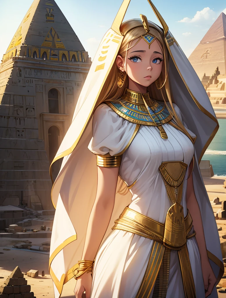 Arafed woman in a white dress and gold jewelry standing in front of a pyramid, alena aenami and artegerm, artegerm on artstation pixiv, Egyptian princess, artegerm and wlop, artegerm julie bell beeple, artegerm. animated illustration, extremely detailed artegerm, Android girl in Egyptian ruins