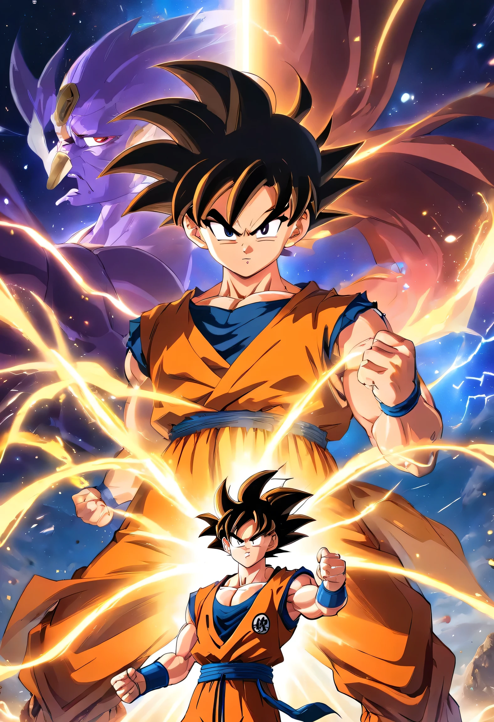 Goku from dragon ball z and thanos from marvel starring at each other preparing to fight an epic battle, ultra-detailed CG unity 8k wallpaper, best quality, best illumination, best shadow, dynamic pose, super saiyan aura, fighting against a worthy opponent, epic background, wide shot)