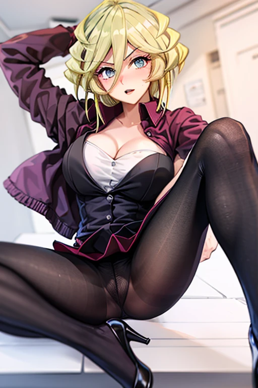 masterpiece,office,Blonde Hair,Black jacket,White shirt,Cleavage,Leg spread,M-foot:1.7,Job recruitment suit:1.5,Ahega,Sexual climax:1.5, Pencil Skirt,High heels