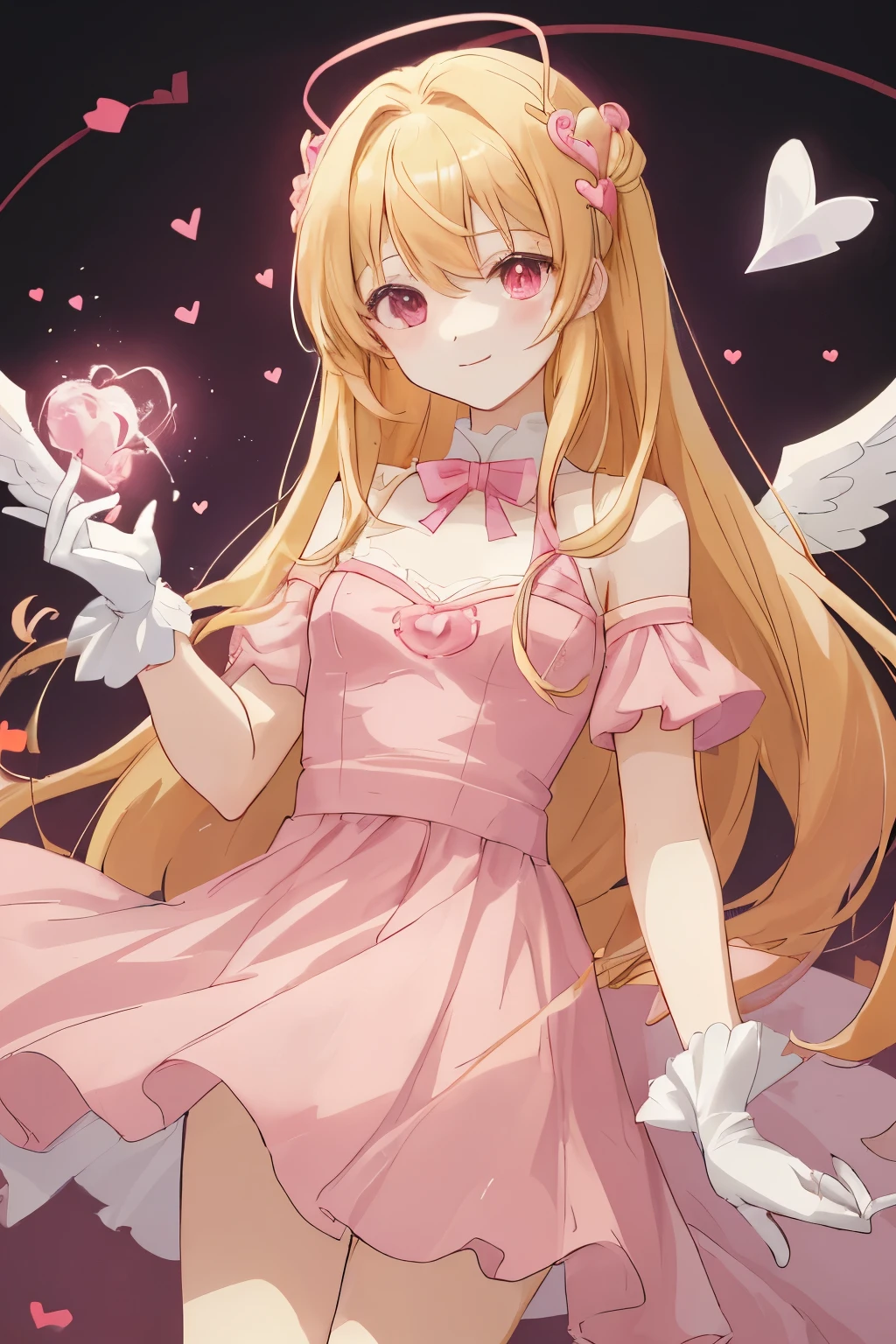 1_girl, (anime, kawai:2), (masterpeice, best_quality, simple, cute, dreamy, vibrant, clean:1.8), (cute, cute_smile, young:1.6), (delicate, beautiful, thin:1.5), (girlfriend, angel:1.8), (green_eyes, simple_eyes:1.3) (long_hair, blond_hair, wearing_pink_dress, pink_angel_wings, gloves:1.8), extremely_delicate, (love_magic:1.5), (age_size_fits_body), (small_thighs, thin:1.3), (breasts), (eye_level:1.3), (heart_magic, love:1.5), (dancer)