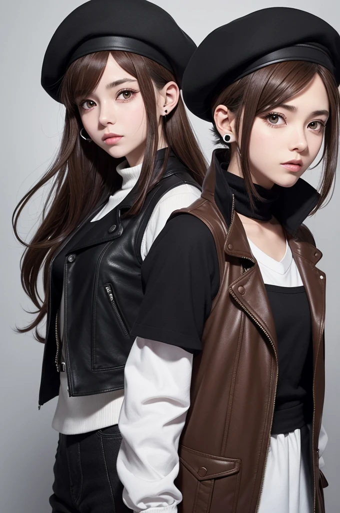 Here is a detailed description for the image you described:
**Image Description:**
An anime-style character with brown hair and gray eyes. She is wearing a black beret and a Bluetooth headset. Their clothing is predominantly black, complemented with a red vest, this character is a boy, and the style of the photo is cartoon