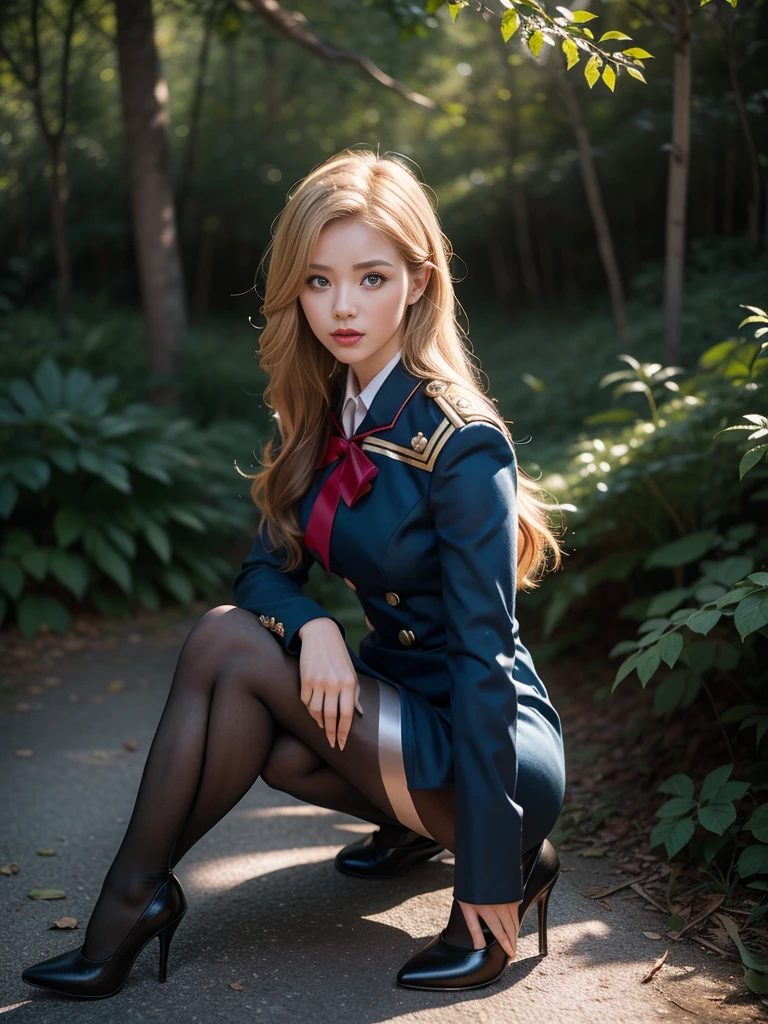 (full body:1.5)，(((1girl)):1.3),(view the viewer:1.4)，((anatomy correct):1.45),((Sitting in the forest):1.2),(shy:1.15)，(iron man style Sailor dress with ribbons:1.2),(Striped pantyhose:1.3),( Uniform high heels leather shoes with bows for female students:1.1)，(Accurate and perfect face:1.3),(Blue-eyed blonde:1.2)，hyper HD, Ray traching, reflective light， structurally correct, Award-Awarded, high detail, lighten shade contrast, Face lighting ，cinematic lighting, masterpiece, super detailing, high quality, high detail, best quality, 16k，High contrast,1 person
