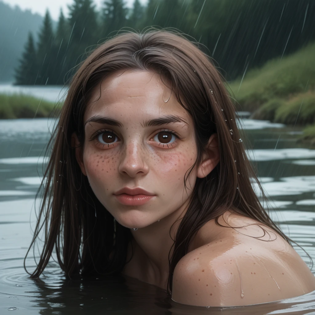 (GeGe:1.9), (woman), (brunette), (brown eyes), (freckles:1.9), score_9, score_8_up, score_7_up, score_6_up, score_5_up, score_4_up, 1girl, solo, naked, submerged, in water, wet, sweaty, long hair, full lips, large breasts, submerged breasts, river, lake, rain, looking at viewer, face focus, side view, absurdres, detailed, volumetric lighting, realistic, expressiveH

