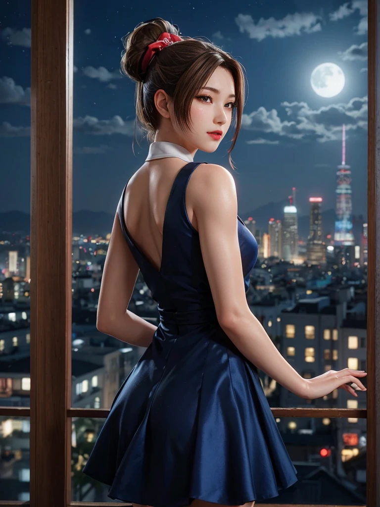 Mai Shiranui, (best quality,ultra-detailed),(Realistic:1.37), beautiful and detailed face, Ultra-realistic texture, delicate face, athletic body, vivid colors. high definition, 8K, wearing red lipstick, rosy cheek.