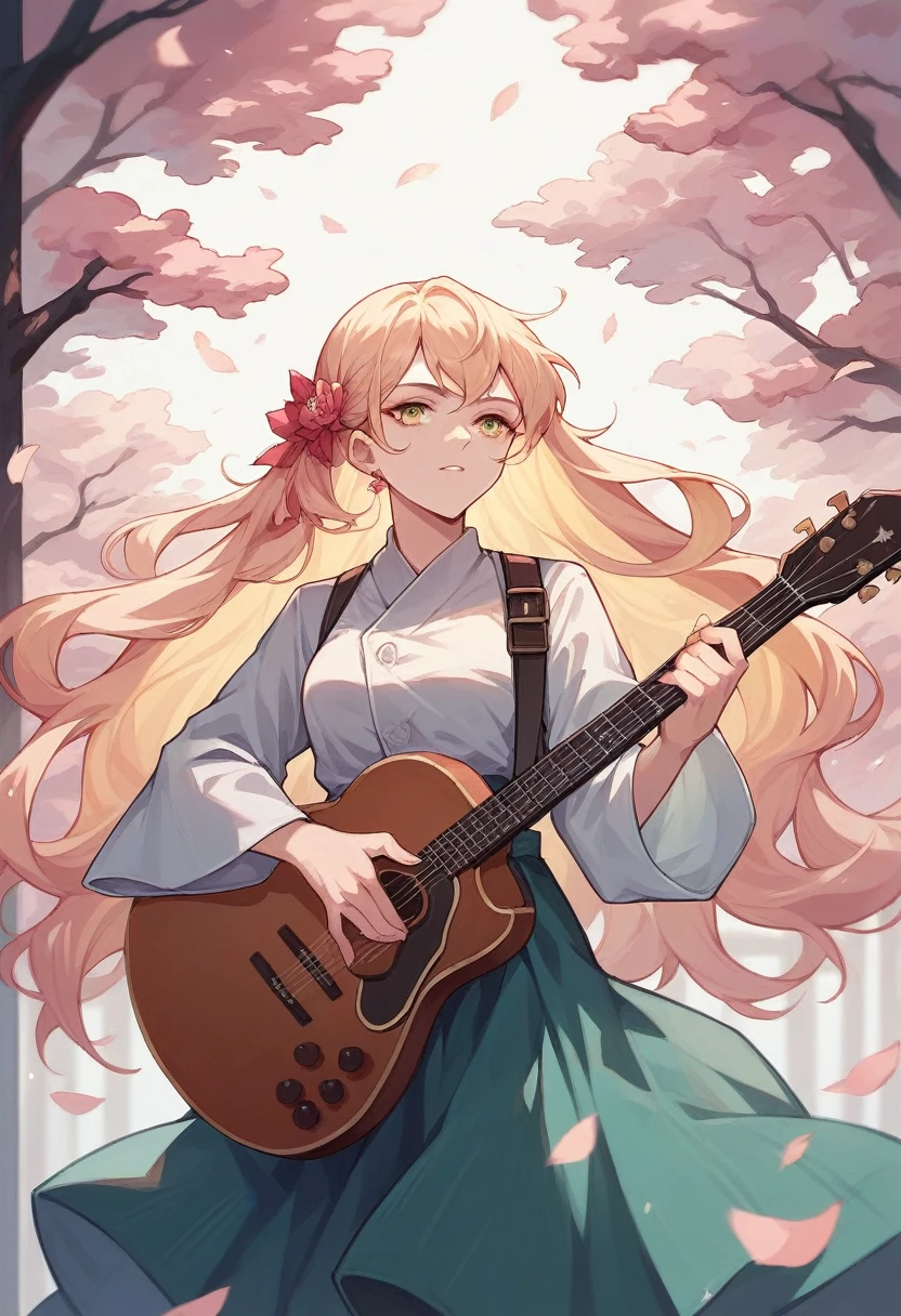 Celeina Ann Playing glossy light Yellow acoustic guitar, Cherry blossom Japan nature