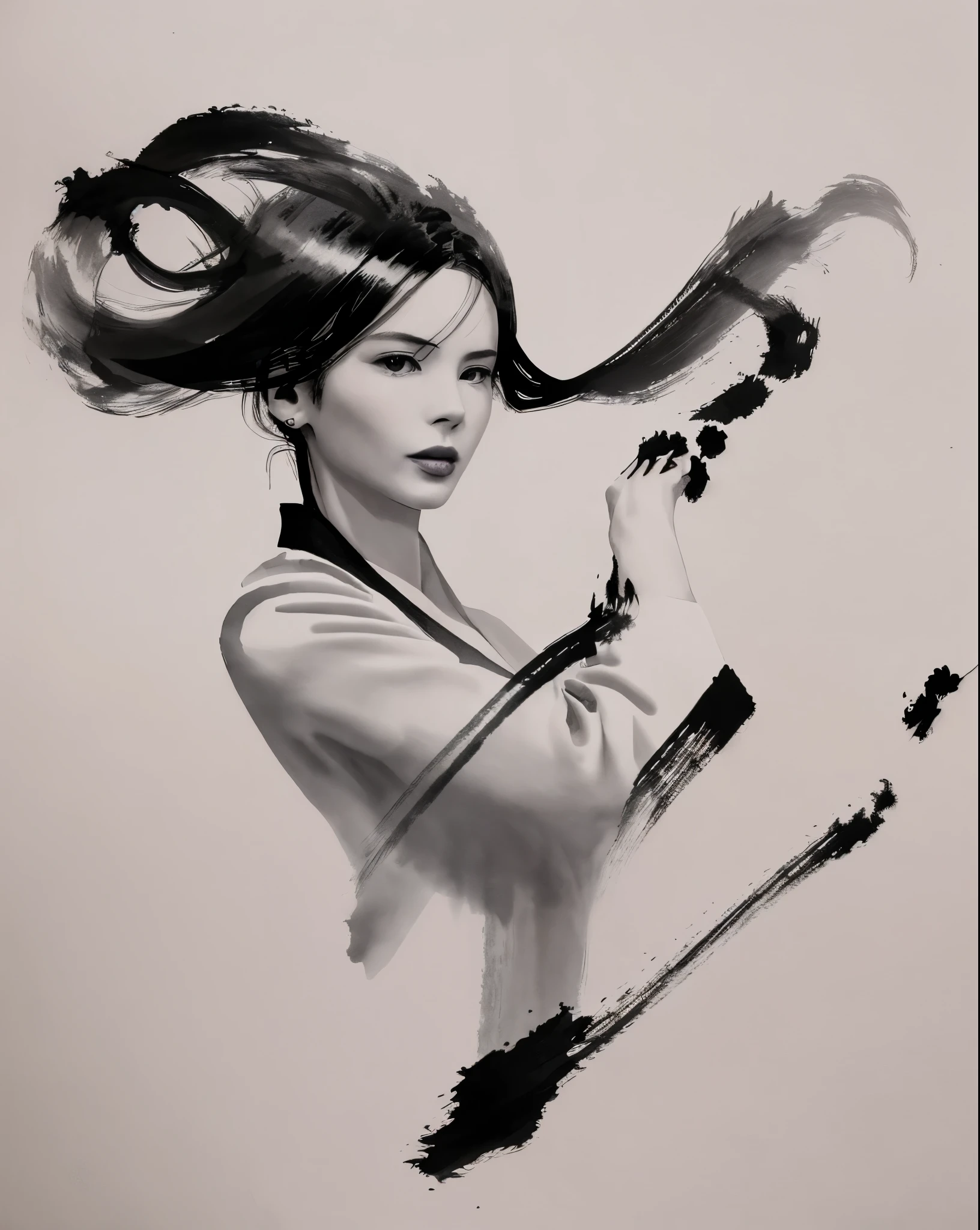 zydink, monochrome, ink sketch, femme fatale, woman, beautiful woman, fighting stance, looking at viewer, long hair, floating hair, chinese clothes, long sleeves, (abstract ink splash:1.2), white background, [[Kate Beckinsale]], [[Victoria Beckham]],[[Alessandra Ambrosio]]