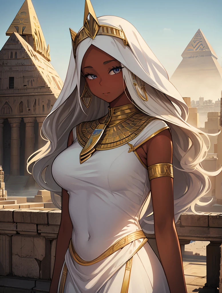 Arafed woman in a white dress and gold jewelry standing in front of a pyramid, alena aenami and artegerm, artegerm on artstation pixiv, Egyptian princess, artegerm and wlop, artegerm julie bell beeple, artegerm. animated illustration, extremely detailed artegerm, Android girl in Egyptian ruins