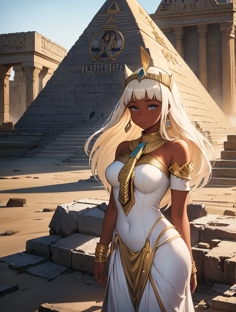 Arafed woman in a white dress and gold jewelry standing in front of a pyramid, alena aenami and artegerm, artegerm on artstation pixiv, Egyptian princess, artegerm and wlop, artegerm julie bell beeple, artegerm. animated illustration, extremely detailed artegerm, Android girl in Egyptian ruins