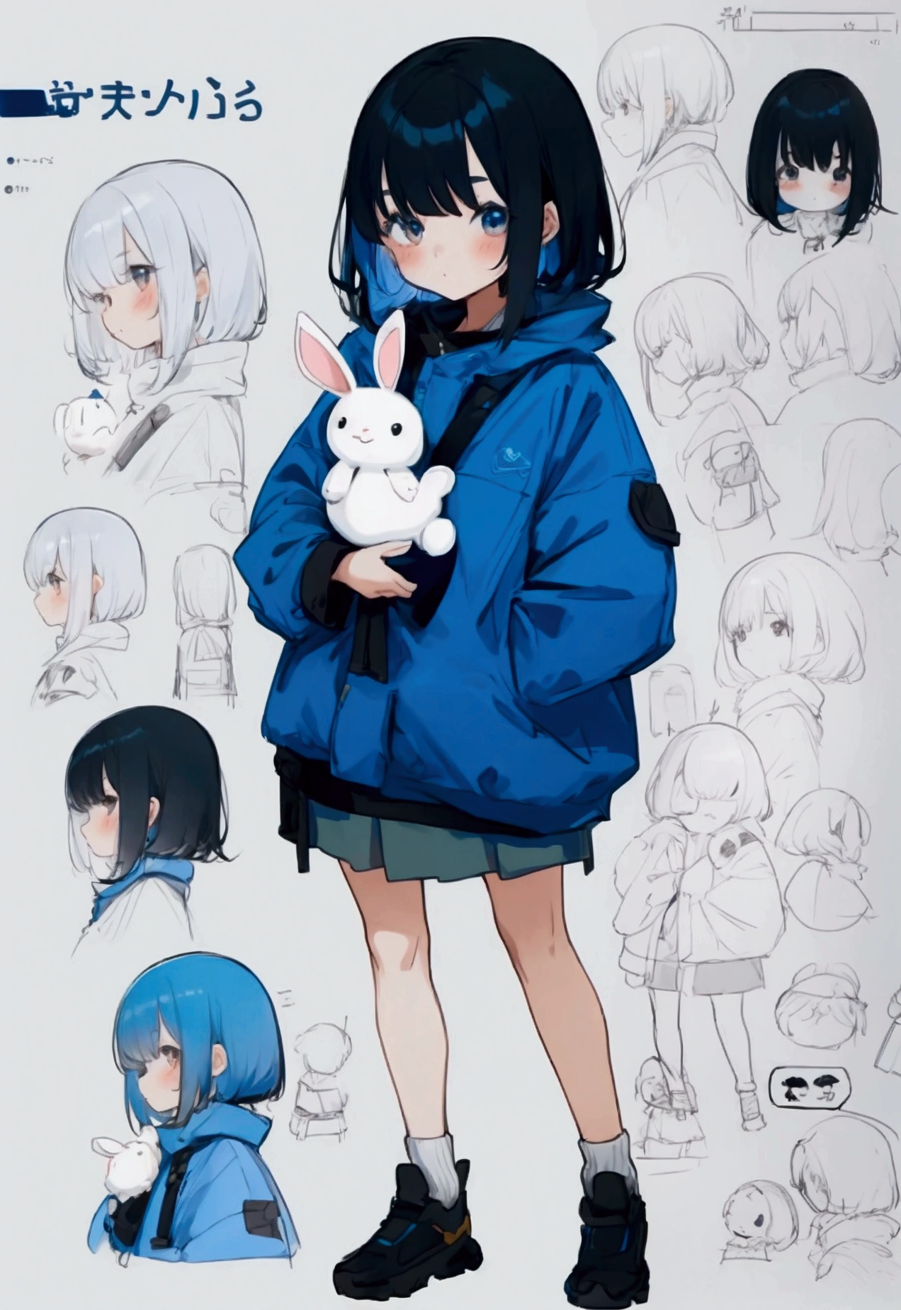 small girl with outer black hair and inner blue hair, oversized cozy clothes, preschooler, holding a bunny plush, ((character sheet))