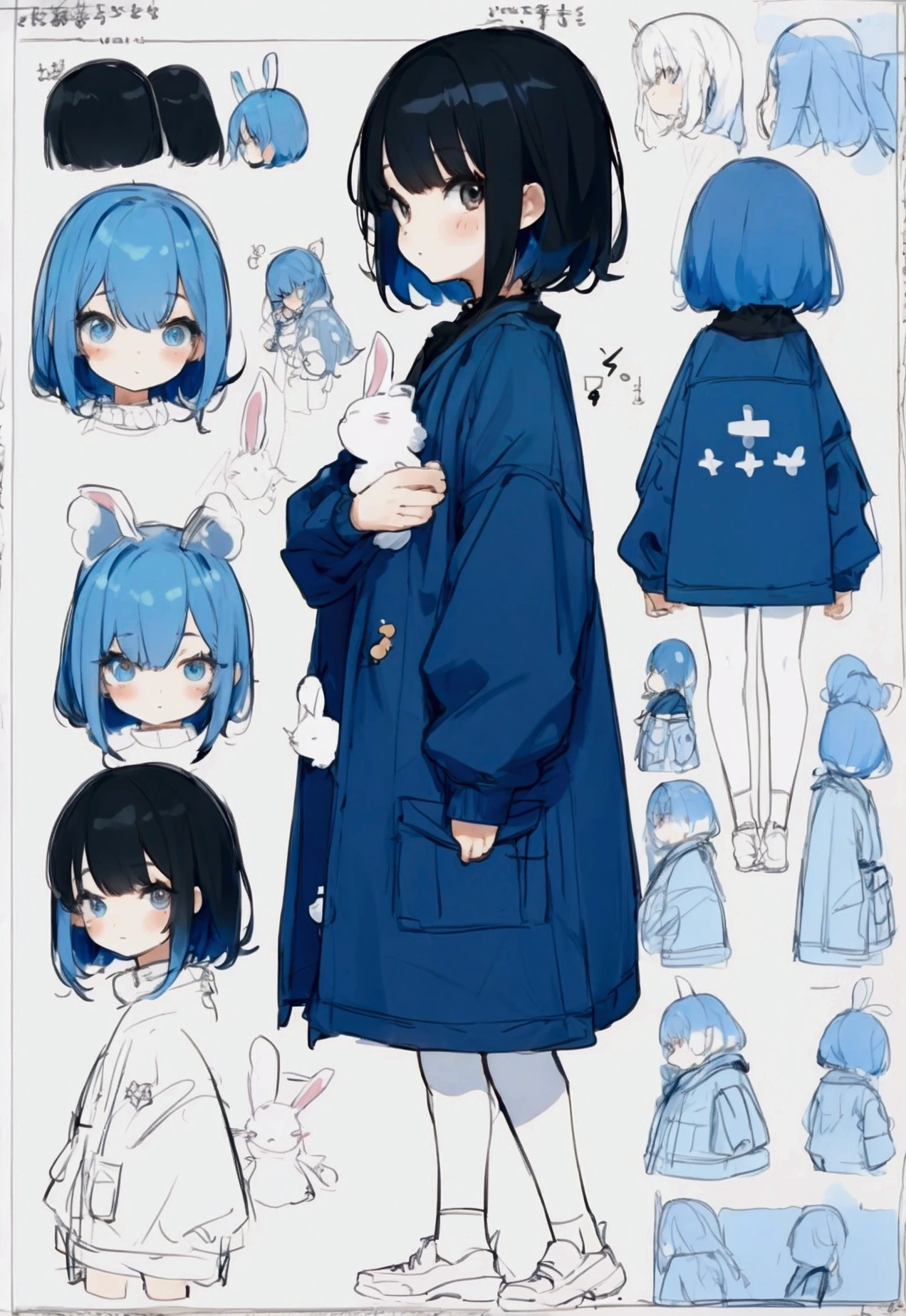 small girl with outer black hair and inner blue hair, oversized cozy clothes, preschooler, holding a bunny plush, ((character sheet))