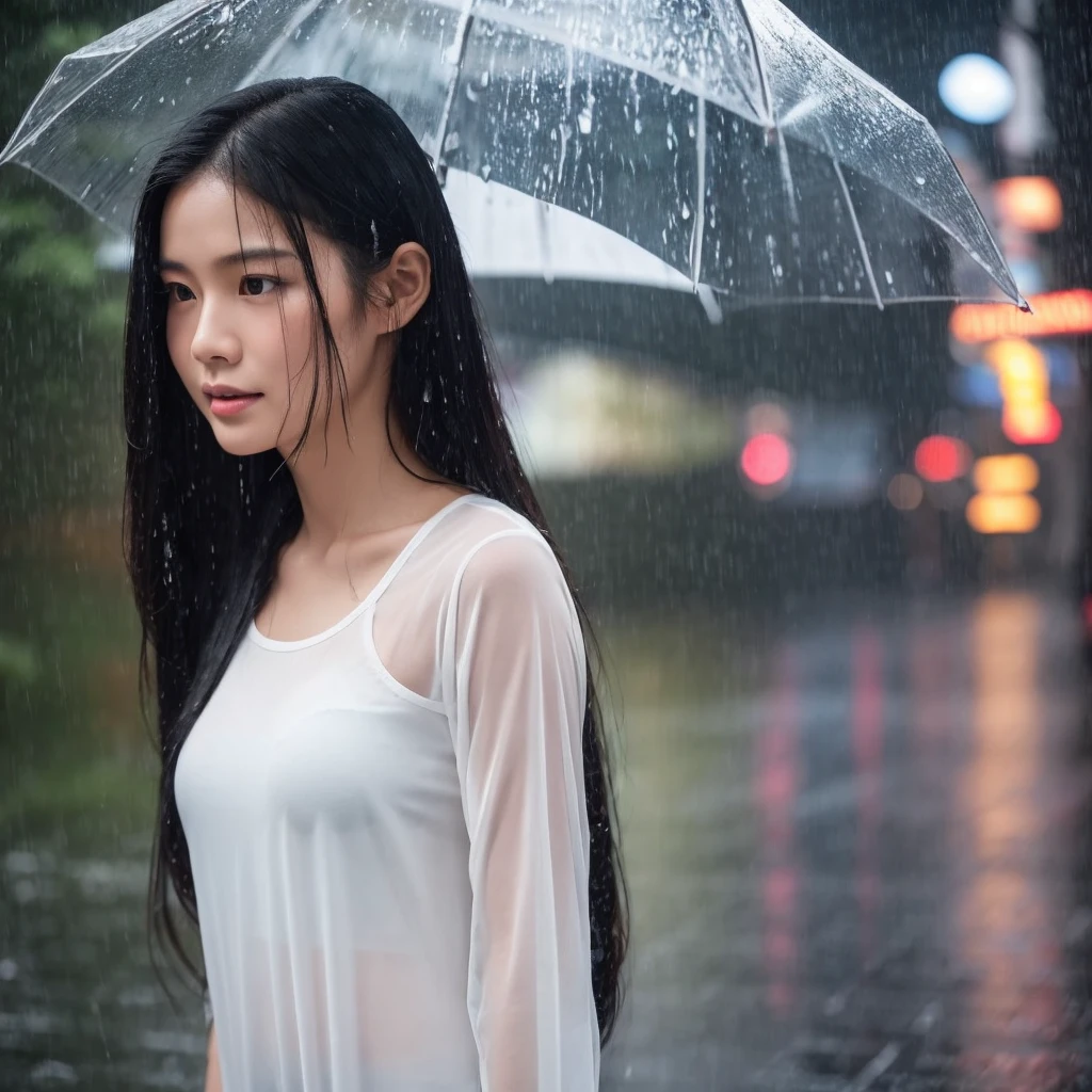 A beautiful Thai woman with long black hair wearing a wet, white tank top. She is standing in the rain, and her face is strikingly beautiful. The rain makes the fabric cling to her skin, revealing her silhouette. Her expression is serene and natural, with raindrops glistening on her face and hair. The background shows a rainy street scene with blurred lights, emphasizing the rainy atmosphere