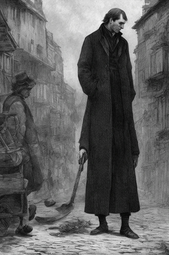 In this intricately detailed illustration, the protagonist of F.m. Dostoevsky's novel "Crime and Punishment," Rodion Raskolnikov, is poised with an ax, his figure shrouded in an atmosphere of turmoil and conflict. The illustration captures the narrative's tense and suspenseful mood, with the old moneylender's residence looming in the background. Raskolnikov's face is a study in conflict, his eyes reflecting the inner turmoil that accompanies his decision. The illustration is rendered in a realistic style, evoking the historic setting of 19th-century St. Petersburg. The use