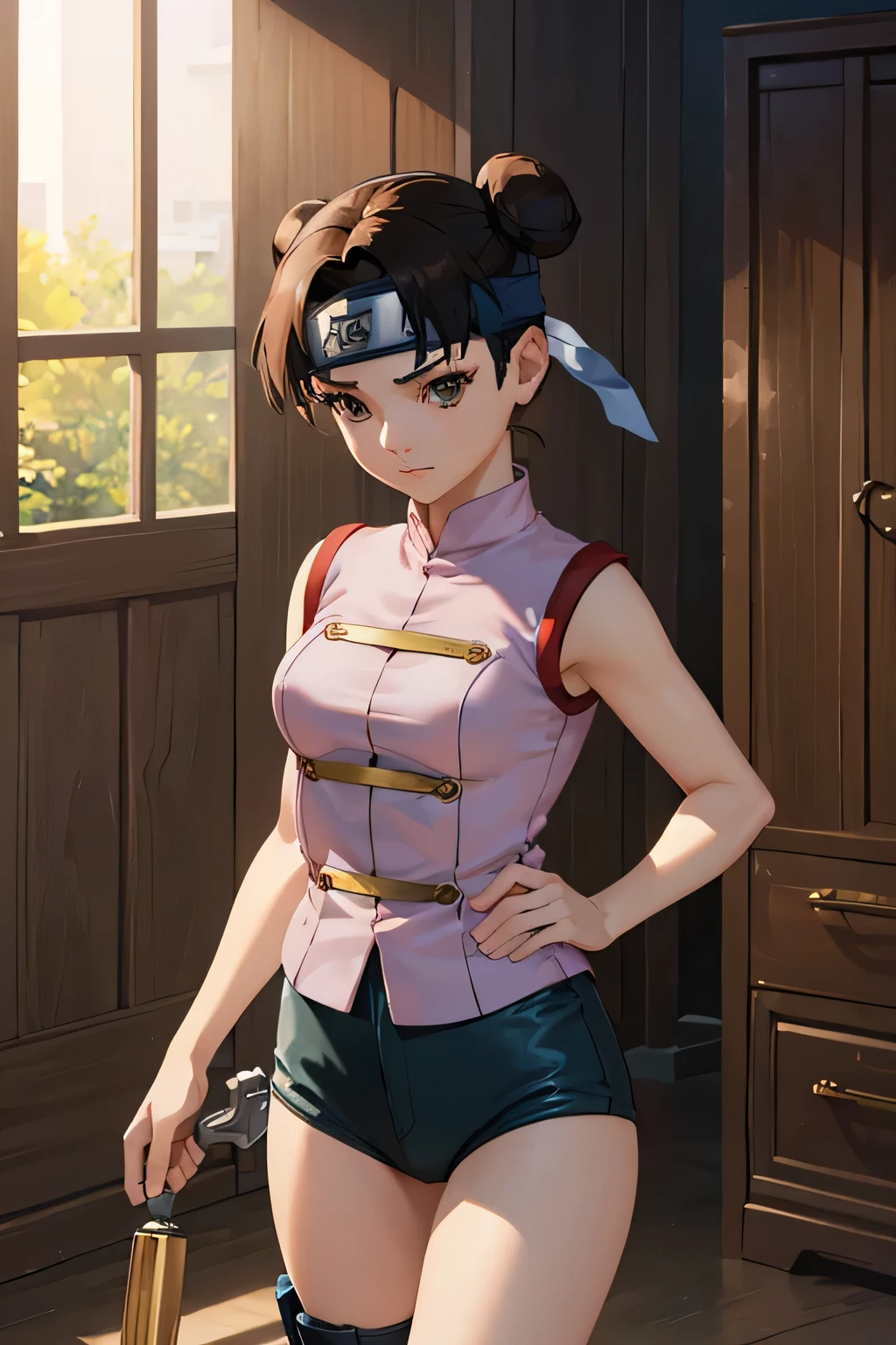 (Best Quality,4k,High resolution:1.2),ultra detailed,realist,photorealist:1.37,detailed girl-Tenten(2 girls),Beautiful figure,long legs,medium chest,beautiful face,combat scene(Struggle),animated style,showy,perceptual lighting