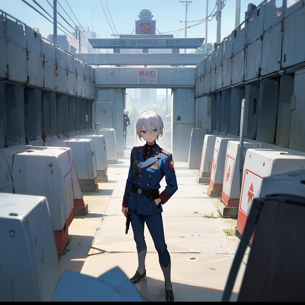 Anime image of a  white hair-blue eyes man in uniform standing in front of a row of soldiers!, anime , anime movie screenshot, in the anime movie,  anime, anime movie screenshot, tv anime frame, anime machine gun fire