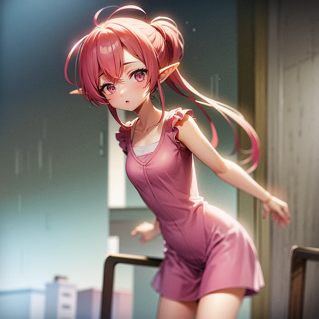 A cute pink-haired female elf with a ponytail and light green eyes wearing a white dress, a pink ribbon, and a white bag, standing in the rain in the middle of a modern city.