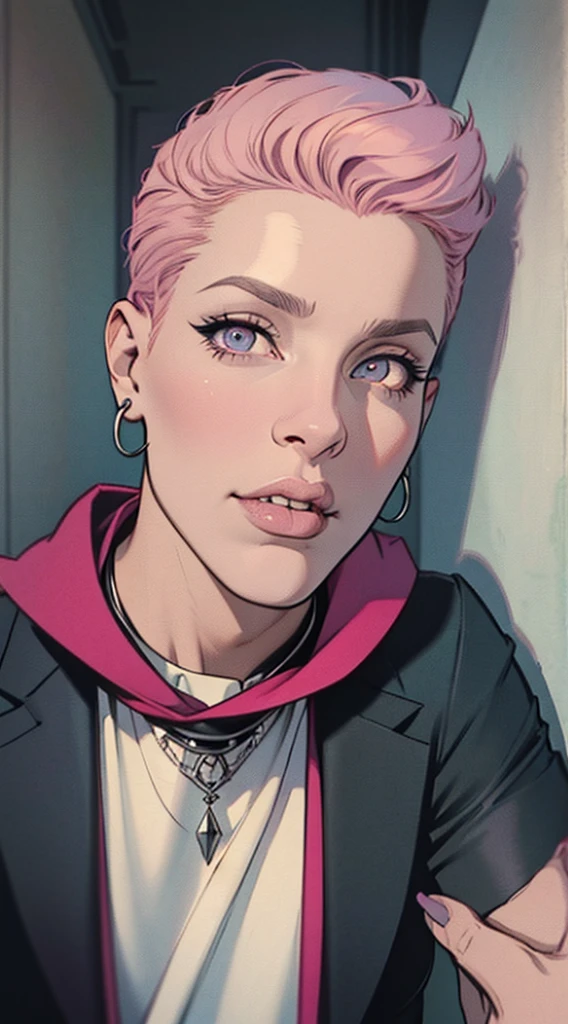 butler outfit, short pink hair, hypdertailed, purples eyes, ashen skin, demon, claws, bangss, gothic art, full body shot shot, elegant pose, ssmile, Romanticism, work of art, anatomically correcte, high qualiy, super detaill, best qualityer, 4K, 8k, Perfect Woman, the most beautiful woman, her face has to be symmetrical and beautiful, baby pink hair,