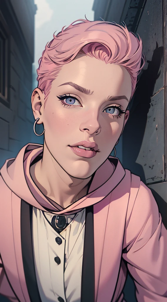 butler outfit, short pink hair, hypdertailed, purples eyes, ashen skin, demon, claws, bangss, gothic art, full body shot shot, elegant pose, ssmile, Romanticism, work of art, anatomically correcte, high qualiy, super detaill, best qualityer, 4K, 8k, Perfect Woman, the most beautiful woman, her face has to be symmetrical and beautiful, baby pink hair,
