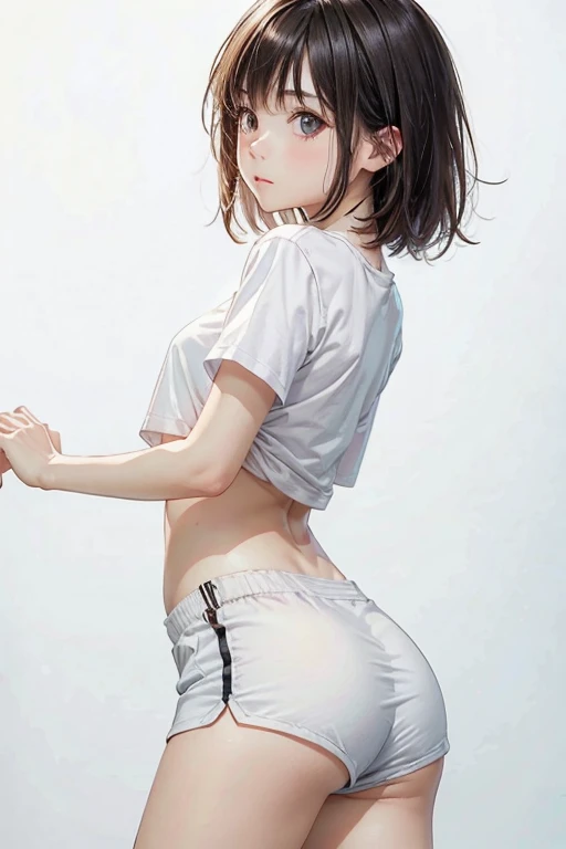 Adorable girl . very cute , Round face . alone , slim , Medium chest , low length . Glowing Skin . Plain white t-shirt . Booty Shorts . Dynamic pose . Dynamic Angle . No background , White Background , View your viewers