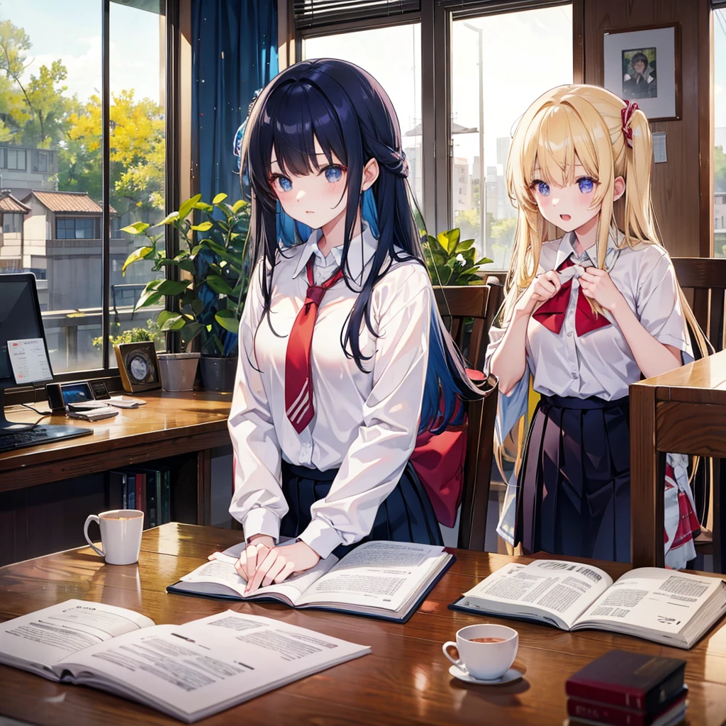 High school girls having a study session。