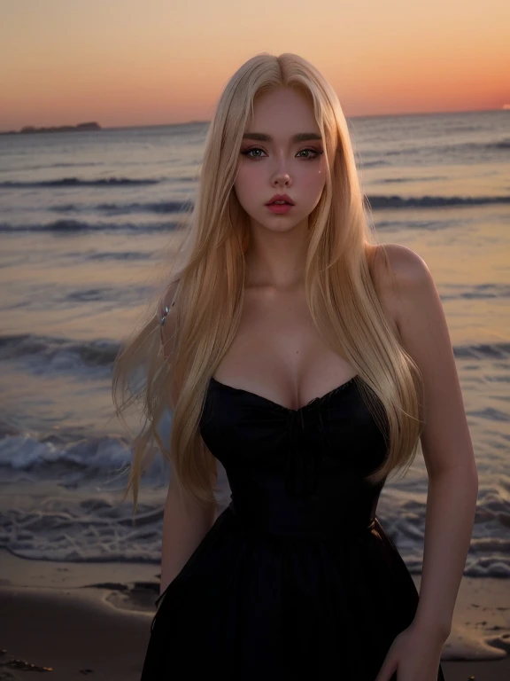 Blonde woman dressed in black standing on the beach at sunset, Ava Max, long blonde hair and big eyes, Yelena Belova, with long blonde hair, A girl with blonde hair., long blonde hair and big eyes, Dasha Taran, Perfect white hair girl, Anastasia Ovchinnikova, beautiful blonde girl, portrait of Kim Petras