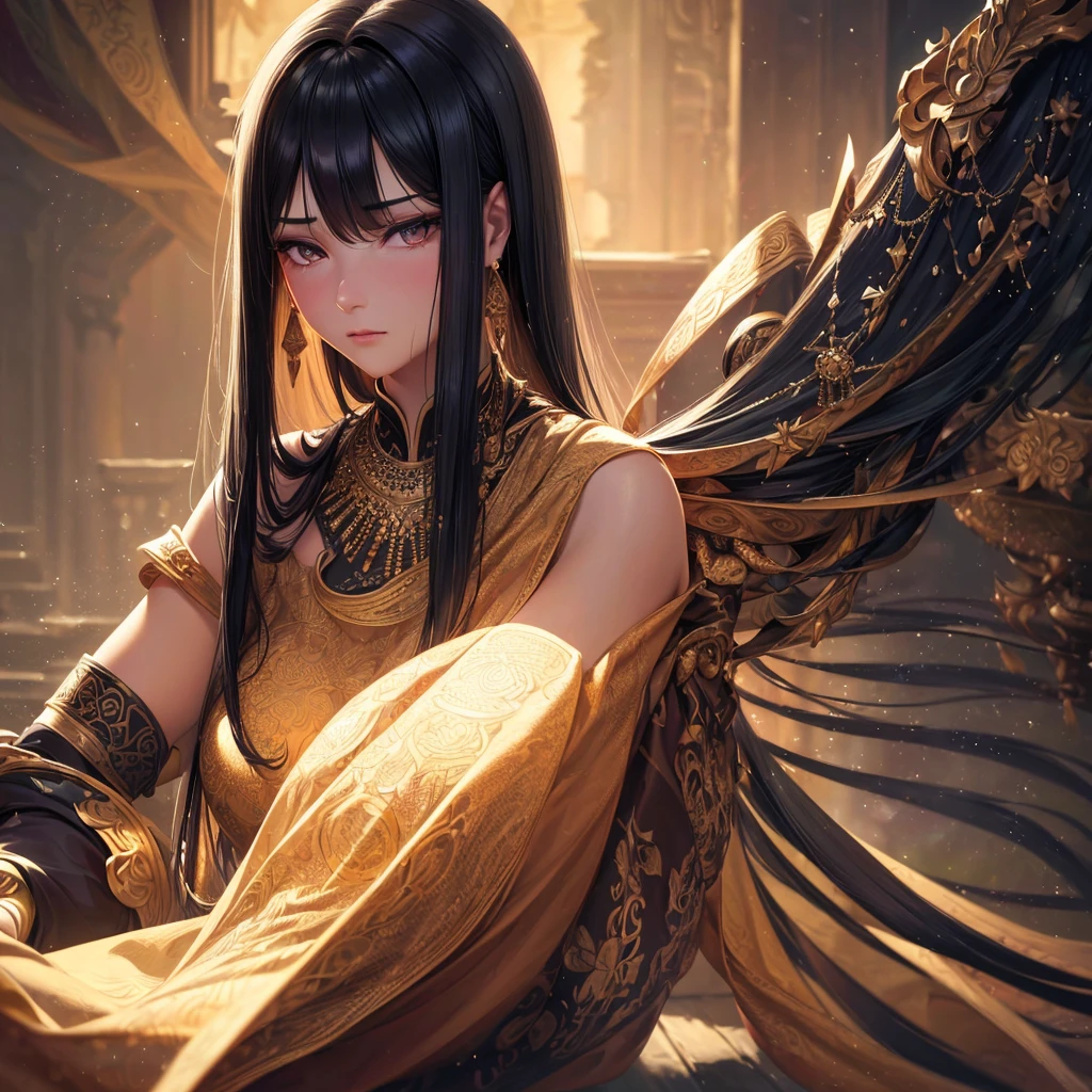 a girl with long black hair, beautiful face, beautiful eyes, solo, jewelry, ancient art, chinese, (best quality,4k,8k,highres,masterpiece:1.2),ultra-detailed,(realistic,photorealistic,photo-realistic:1.37),intricate details, cinematic lighting, dramatic shadows, moody atmosphere, elegant, graceful, serene, meditative
