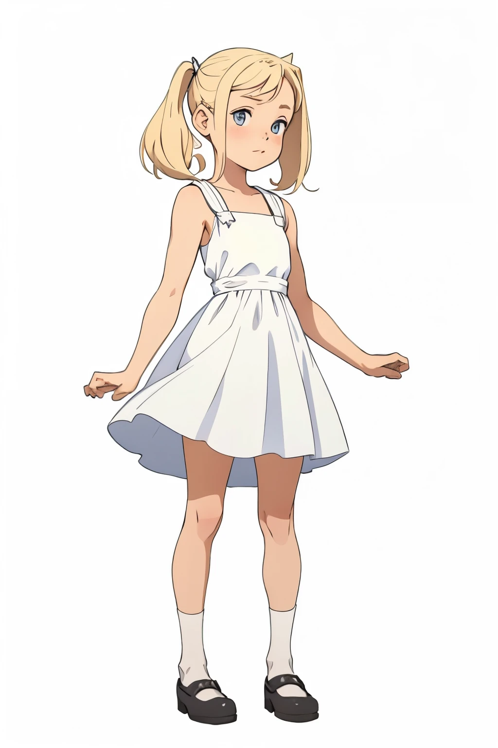 girl 12 years old blonde with two ponytails, in a cute dress, on a white background, full length