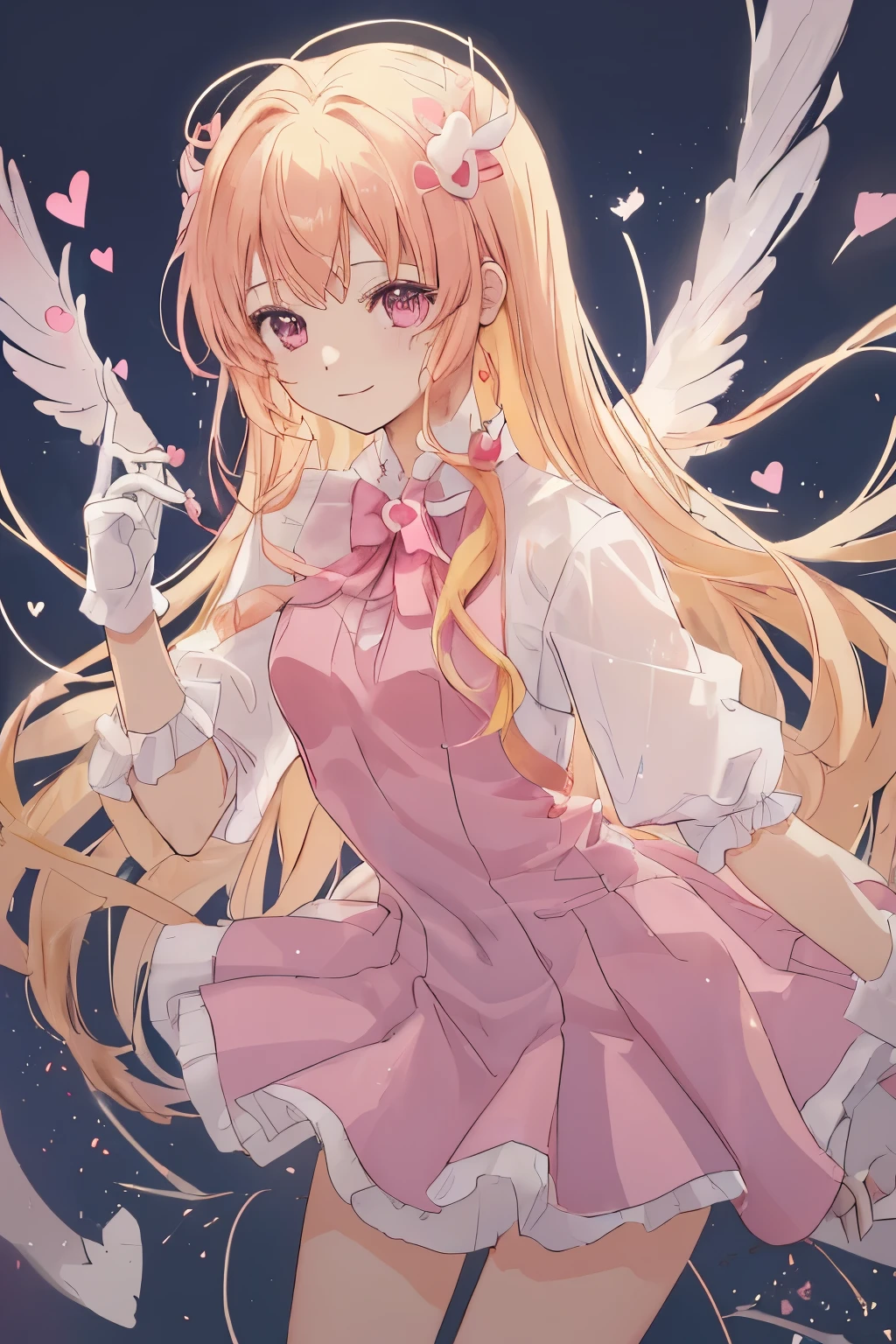1_girl, (anime, kawai:2), (masterpeice, best_quality, simple, cute, dreamy, vibrant, clean:1.8), (cute, cute_smile, young:1.6), (delicate, beautiful, thin:1.5), (girlfriend, angel:1.8), (green_eyes, simple_eyes:1.3) (long_hair, blond_hair, wearing_pink_dress, pink_angel_wings, gloves:1.8), extremely_delicate, (love_magic:1.5), (age_size_fits_body), (small_thighs, thin:1.3), (breasts), (eye_level:1.3), (heart_magic, love:1.5), (dancer)