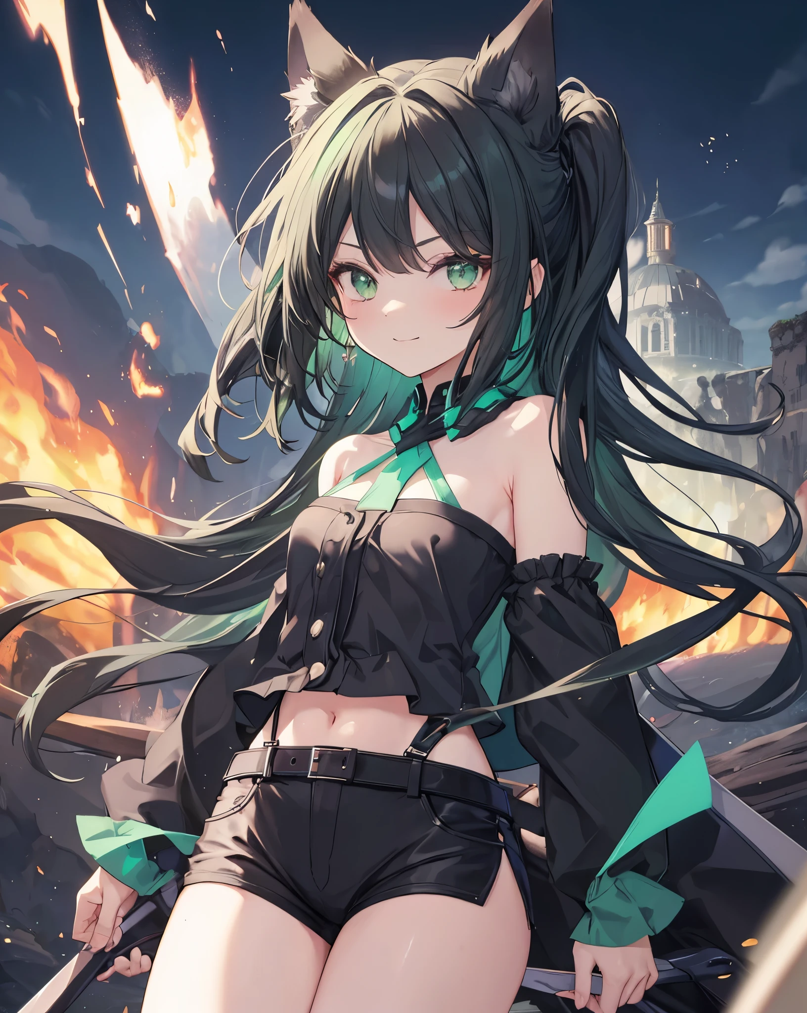 (Style Princess:0.8), Cat-eared Beautiful Girl, Small Tits, One Girl, ((Bikini Armor))Bikini, (Rich Green and Black and Red and Silver Hair), ((Temple)), Slim, (Elbow Gloves) Masterpiece, High Contrast, Ultra Detail, Best Quality, Ultra High Definition, High Definition, Details