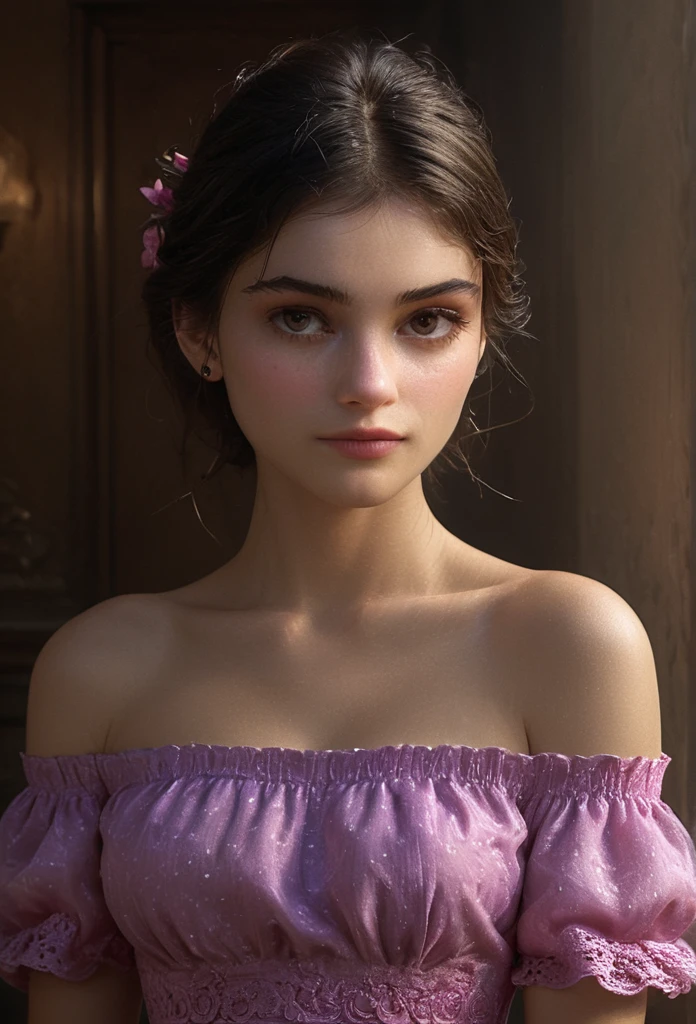 ((extreme detail)),(ultra-detailed), extremely detailed CG unity 8k wallpaper,best quality, masterpiece, emilie_t8, off shoulder, pink crop top,