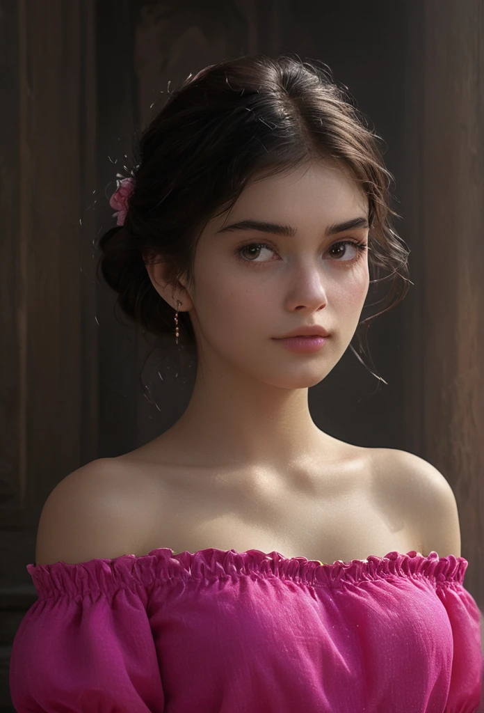 ((extreme detail)),(ultra-detailed), extremely detailed CG unity 8k wallpaper,best quality, masterpiece, emilie_t8, off shoulder, pink crop top,