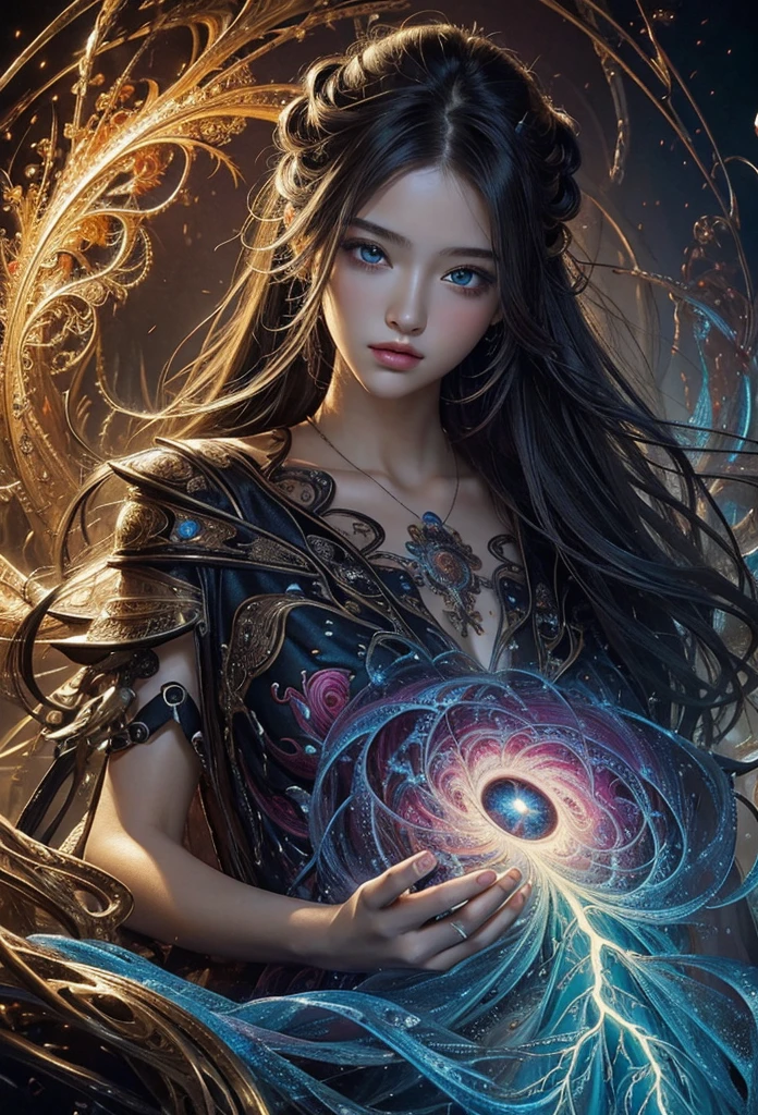 gothic style, Fantasic Illustration, Masterpiece: 1.2, Highest Quality, Highres, 16k, Beautiful Detailed, Ultra-Realistic, Photo Realistic: 1.37, Beautiful Cute witch girl with a magic wand, standing in the center of the magic circle and chanting a spell, growing eyes, shining pupils, blushed cheek, shiny rosy lips, wearing  magic garment bare shoulder, delicate beautiful (hair, face, eyes, pupils, long eyelash, magic circle), cinematic angle, magical fantasy, dark fantasy, dark gothic, dramatic lighting, dramatic background, cinematic atmosphere, intricate, digital art, concept art, aboveview