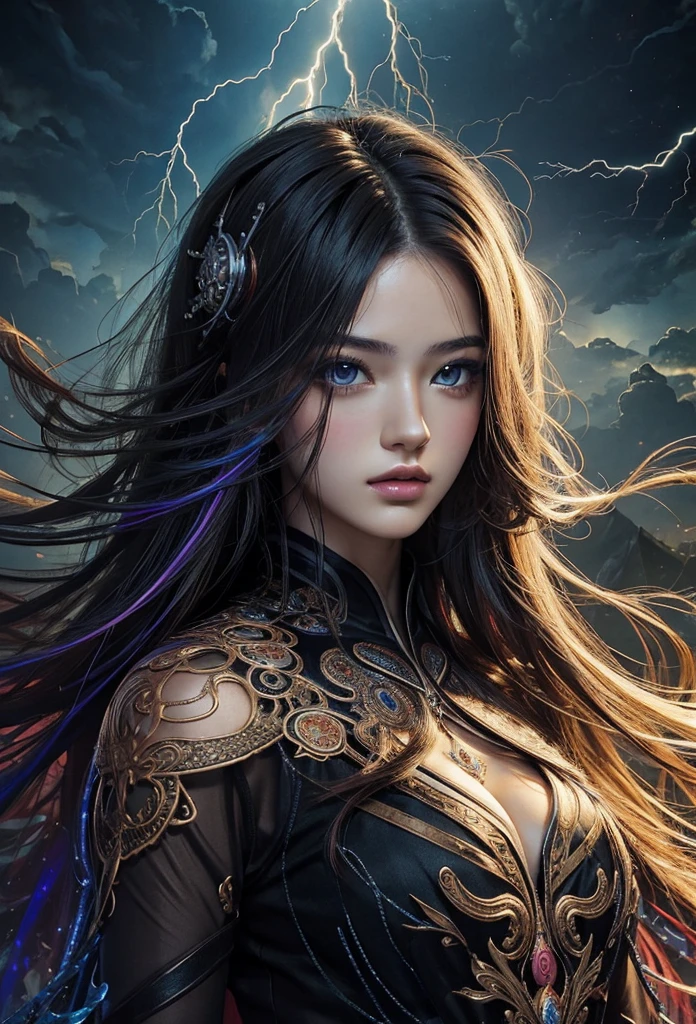 (masterpiece, Highest quality, Highest quality, Official Art, beautifully、aesthetic:1.2), (One girl), extreme detailed,(Abstract, Fractal Art:1.3),Colorful Hair,highest detailed, detailed_eye, thunder、Lightning, Light_particle,