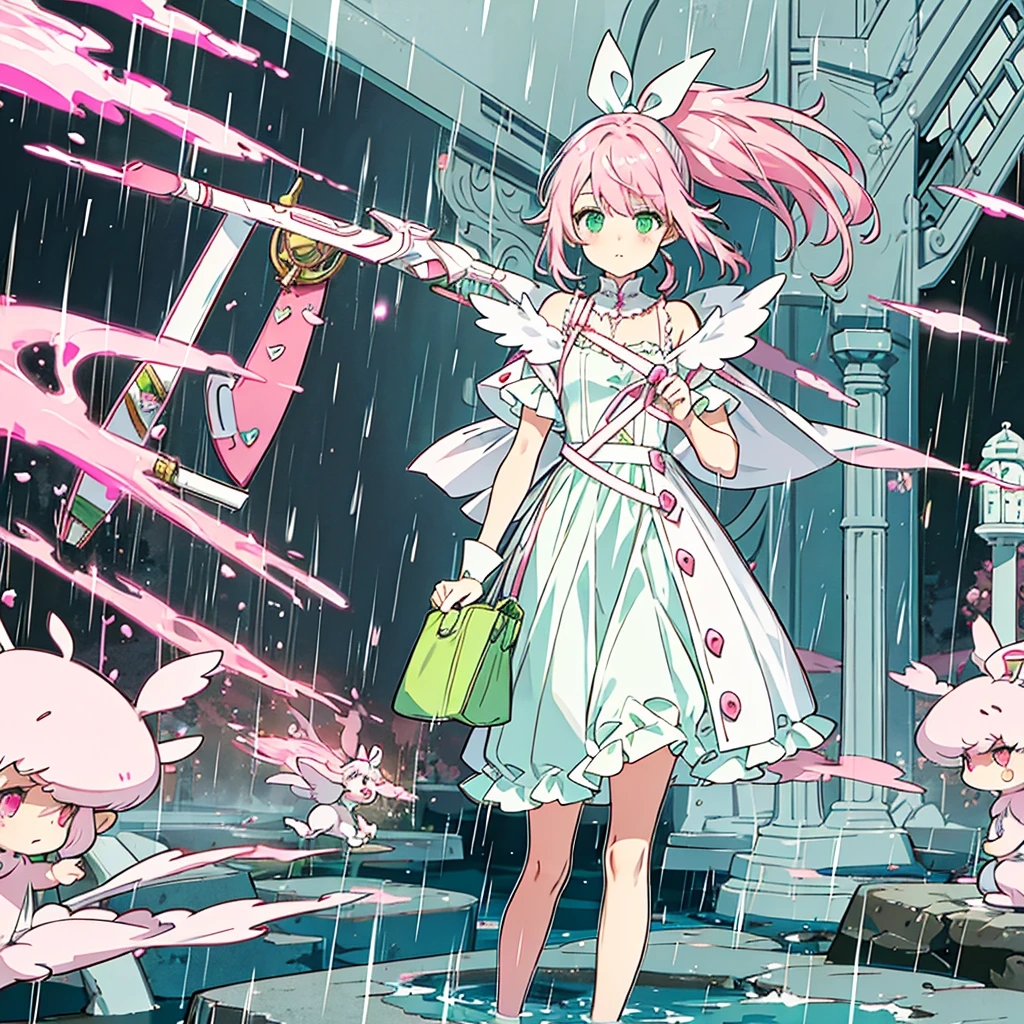 A cute pink-haired female elf with a ponytail and light green eyes wearing a white dress, a pink ribbon, and a white bag, standing in the rain in the middle of a modern city.