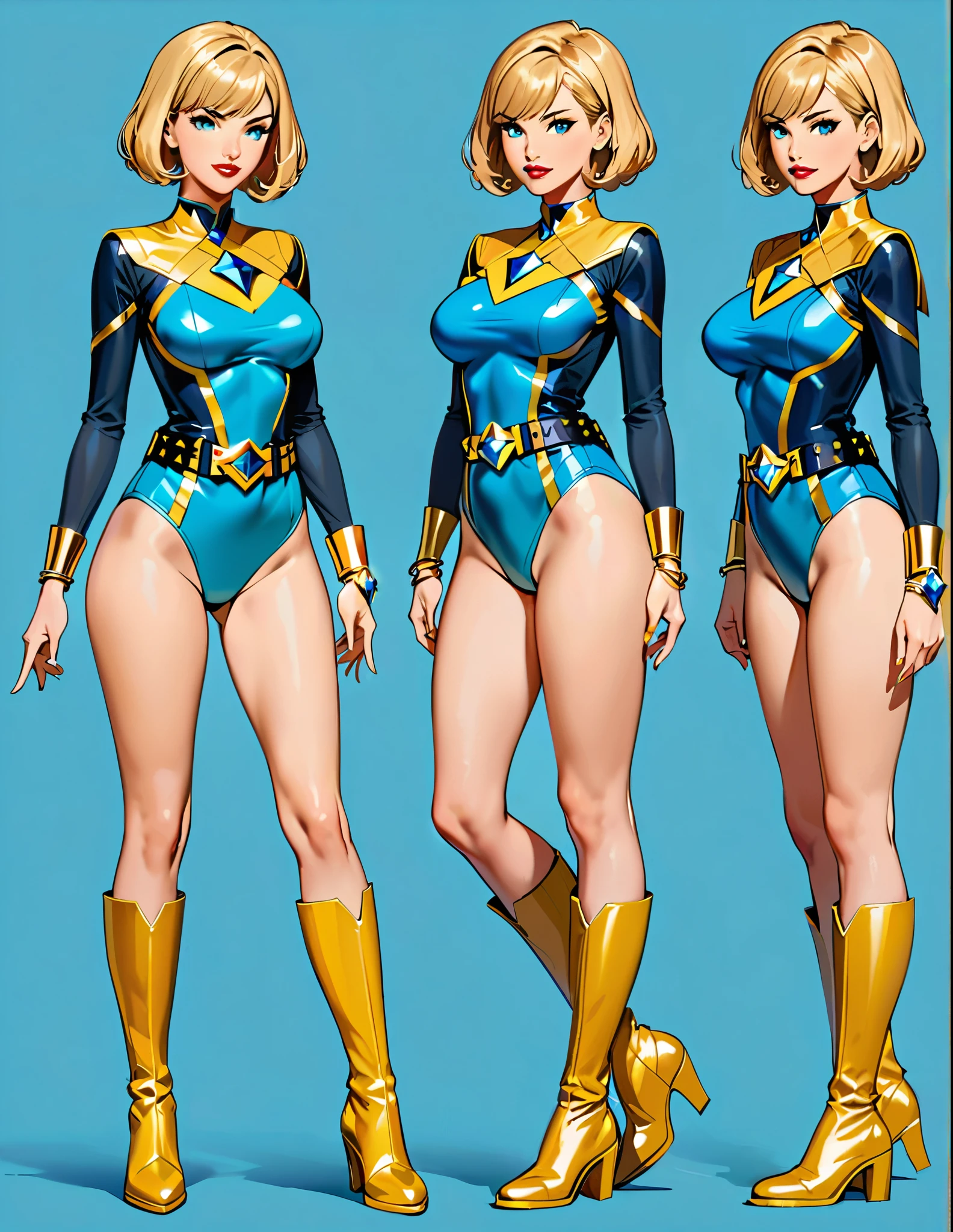 (masterpiece), (best quality), (hires), highly detailed, professional, 1lady, mature lady, tall body, (gold belt, tight belt), blonde hair, short hair, bob hair, blue eyes, beautiful detailed eyes, beautiful detailed face, (ankle-length boots, knee boots, yellow boots, yellow footwear), (large breasts, medium breasts), (teal and yellow leotard, sleeves, long sleeves, tight sleeves, perfect fit), perfect hands, complete fingers, (gold bracelets), (bare legs), red lips, solo, solo focus, superhero, ((gold star symbol on chest)), ((blue diamond belt buckle)), full body shot, full body with costume, semi-realistic, serious. Simple background, Multiple Views, Character Sheet Full-Length.