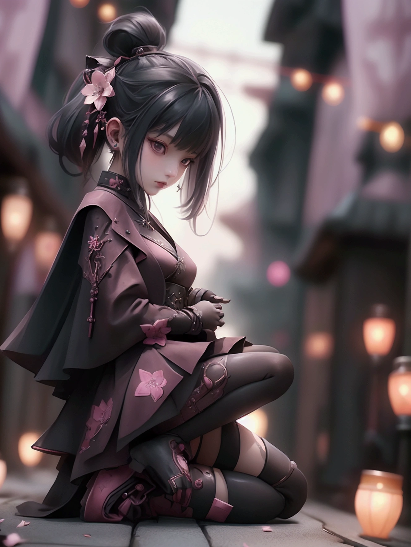 Low - Angle,whole body,woman、18-year-old,Jumping, flying,Game character costumes,novel,Gothic Punk,dress,Thin legs,boots,image color: Black and Pink,Cobblestones, lanthanum, shrine, cherry blossoms, petals in the wind, Calm, mysterious, high quality,